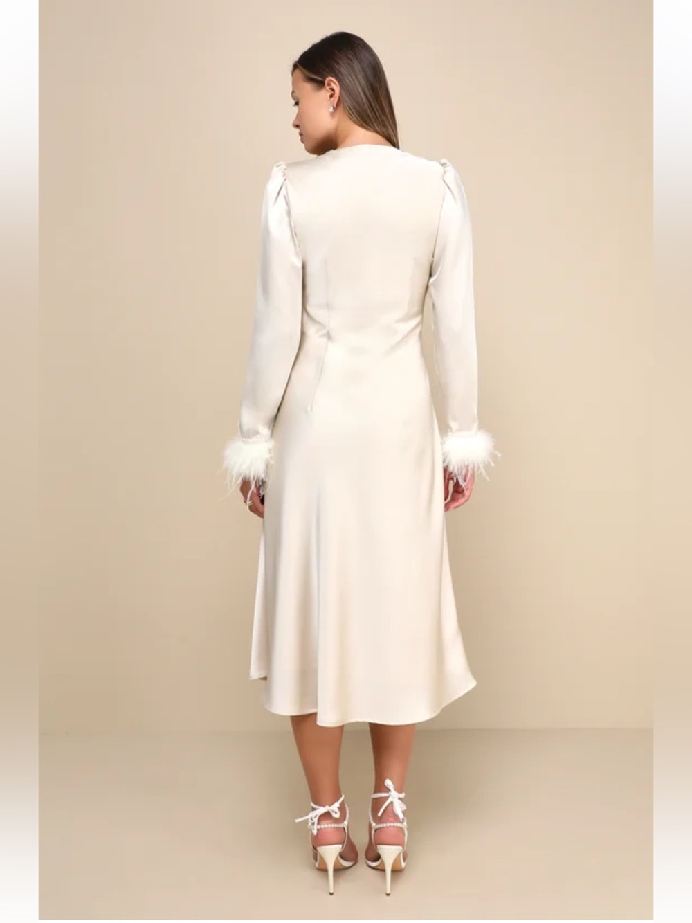 NWOT Lulus Precious Aura Champagne Satin Feather Long Sleeve Midi Dress Sz: XS - Picture 4 of 14